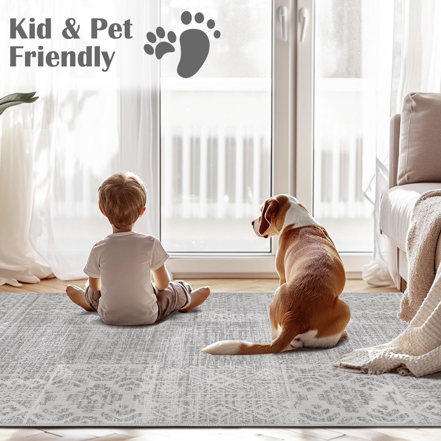 jinchan Runner Rug 3x8 Vintage Hallway Kitchen Runner Ultra-Thin Washable Boho Geometric Rug Non-Slip Non-Shedding Carpet for Bedroom Living Room Stairway Grey Ivory