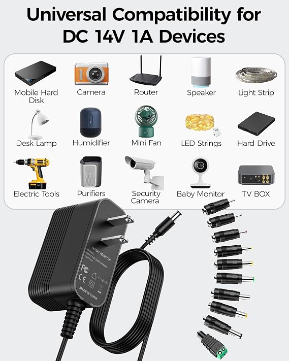 14V DC Power Supply Power Cord Universal Power Adapter 14Volt 1A Charger with 10 Interchangeable Jacks for 100mA 200mA 300mA 400mA 500mA 600mA 700mA 800mA 900mA 1000mA Devices AC-DC Adapters