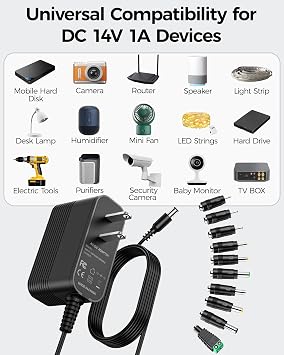 14V DC Power Supply Power Cord Universal Power Adapter 14Volt 1A Charger with 10 Interchangeable Jacks for 100mA 200mA 300mA 400mA 500mA 600mA 700mA 800mA 900mA 1000mA Devices AC-DC Adapters
