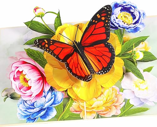 Tarjeta de flores desplegables, tarjeta de felicitación, tarjeta desplegable 3D de mariposa y peonía rosa de 6 x 8 pulgadas, para el día de la