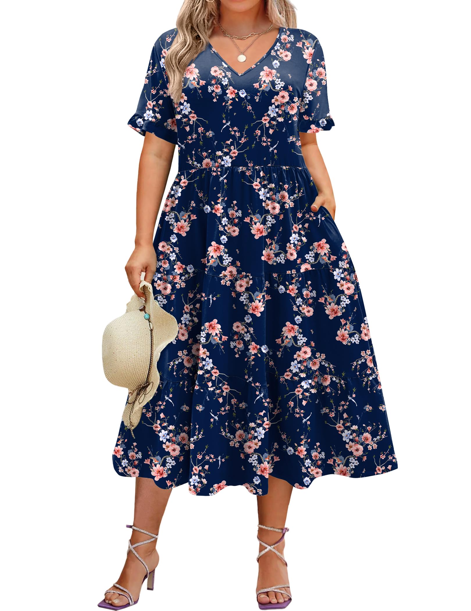 IN'VOLAND Womens Plus Size Short Sleeve Dress Summer Midi Casual Tiered V-Neck Aline Flowy Loose Dresses with Pockets