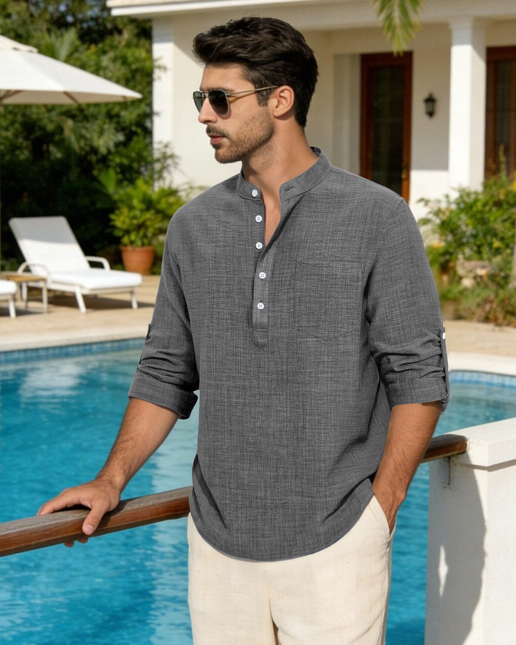Alimens & Gentle Leinenhemd Herren Langarm Hemden Henley Sommer Baumwolle Atmungsaktiv Strandhemd Freizeit Urlaub Herrenhemd