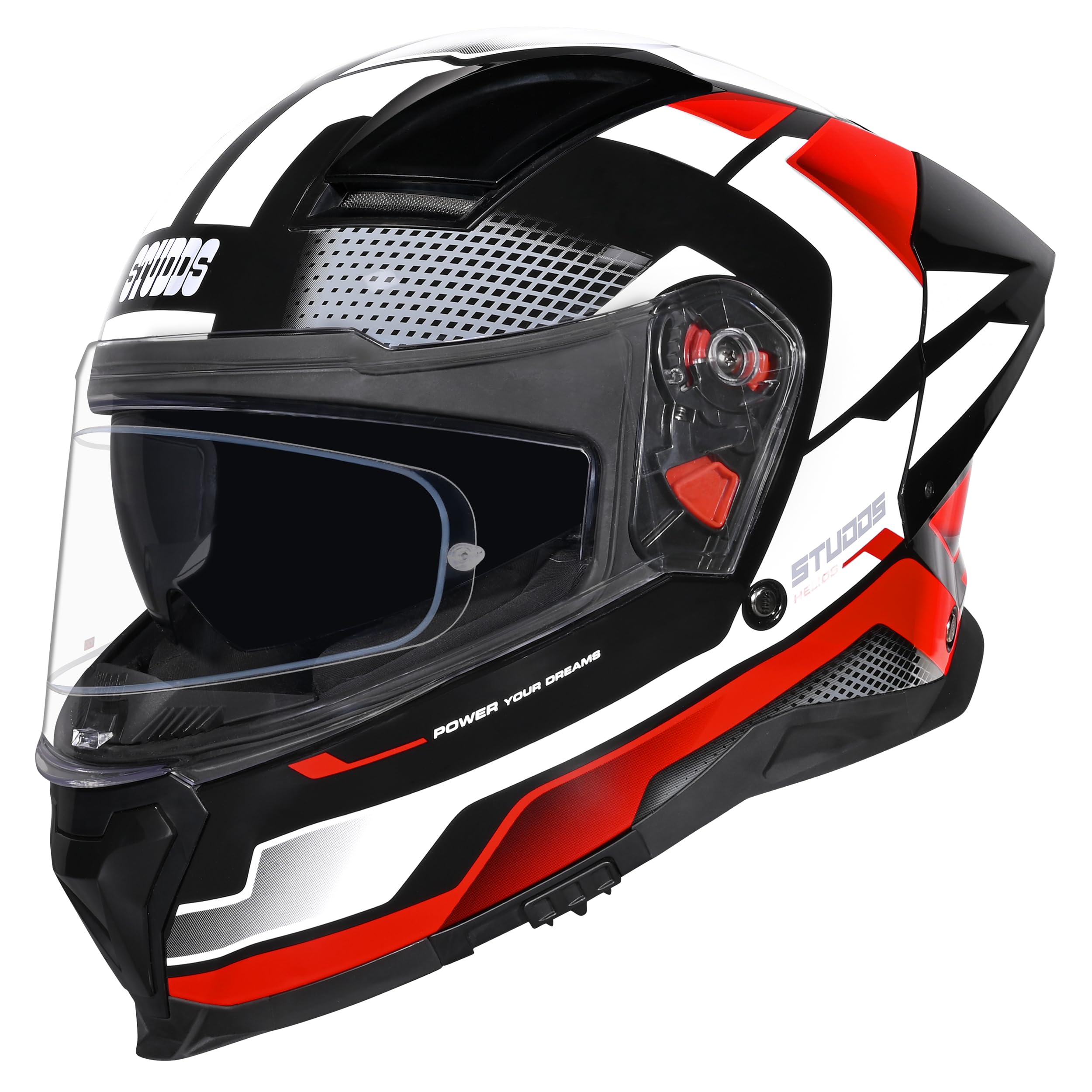 STUDDS Helios ISI and DOT Certified Full Face Helmet with Antifog 100 Lens, Sporty Spoiler (Flame Blue - L)-image-49