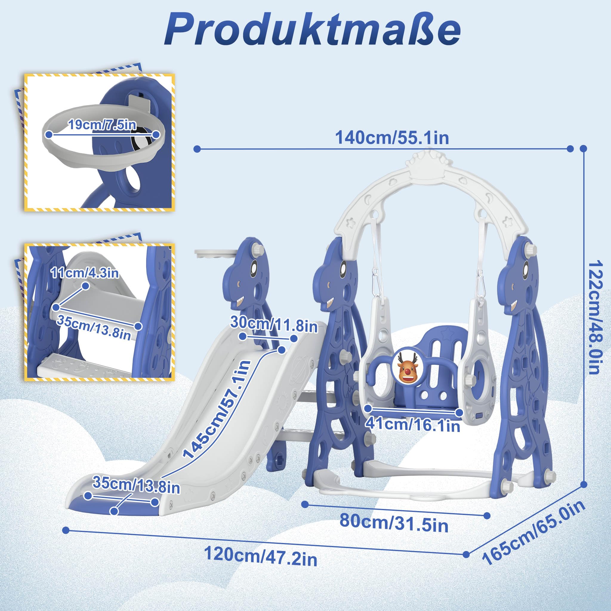 Toboggan 4 En 1 Pour Enfant – Balançoire, Panier De Basket Et Échelle D'Escalade – Dès 1 An – Bleu 175x140x120 Cm