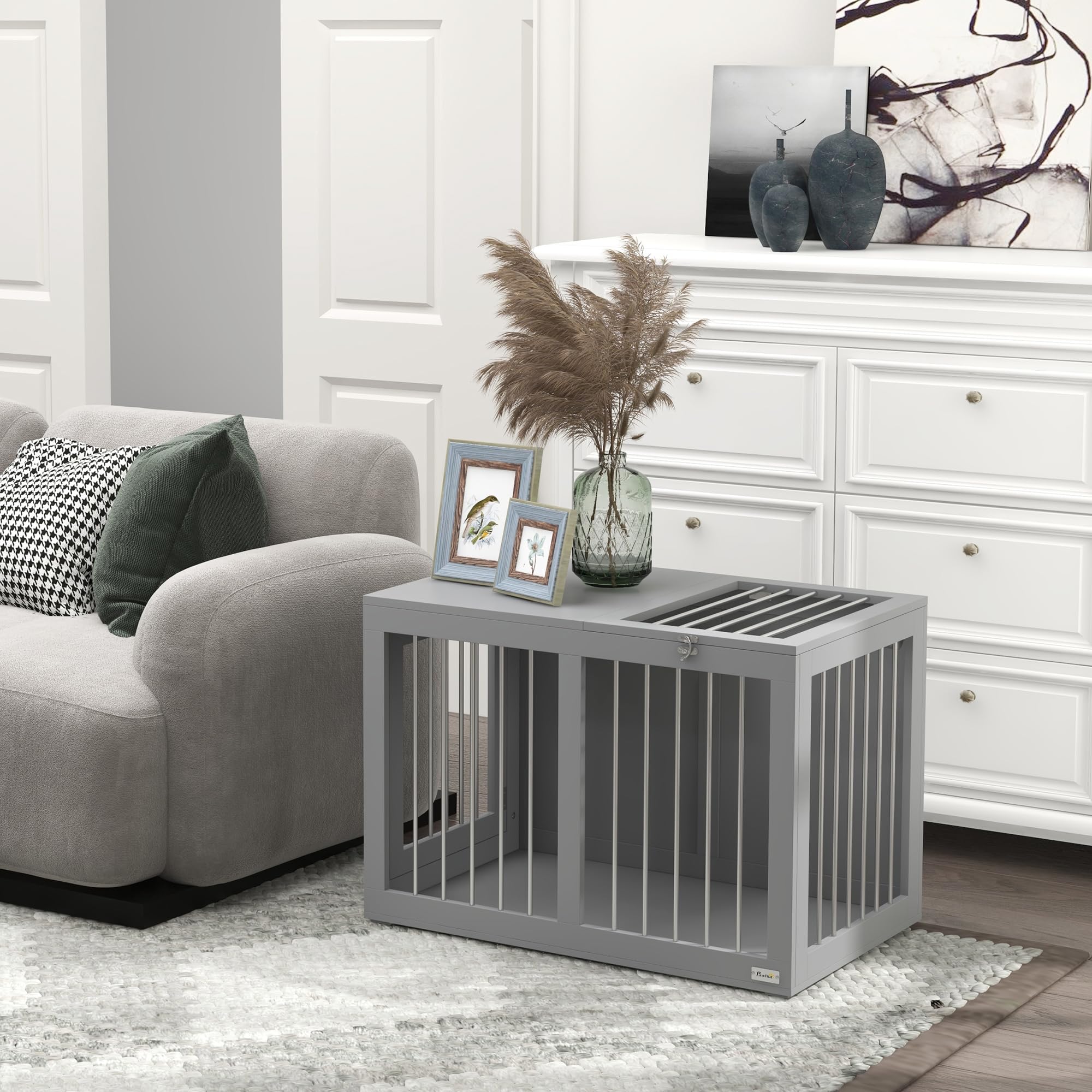 PawHut Caseta de interior para perros caseta para perros 2 puertas con cerradura buena ventilación mesa lateral 80 x 50 x 56,5 cm gris