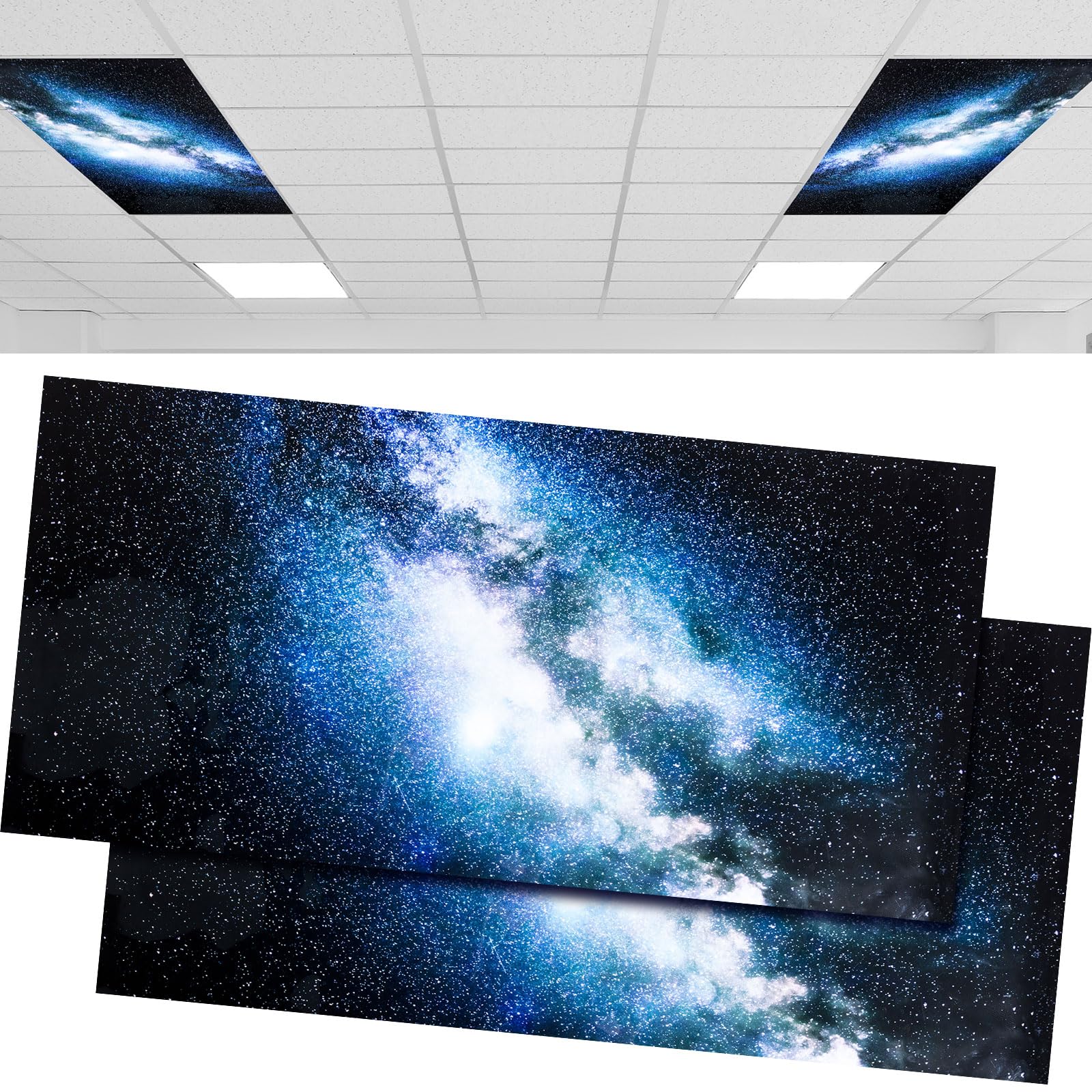 Amylove 2 Pcs Fluorescent Light Covers 2x4 Feet Light Filter Ceiling Light Cover Light Diffuser Florescent Light Plastic Light Diffuser Panels for Classroom School Office Kitchen Home Decor (Galaxy)