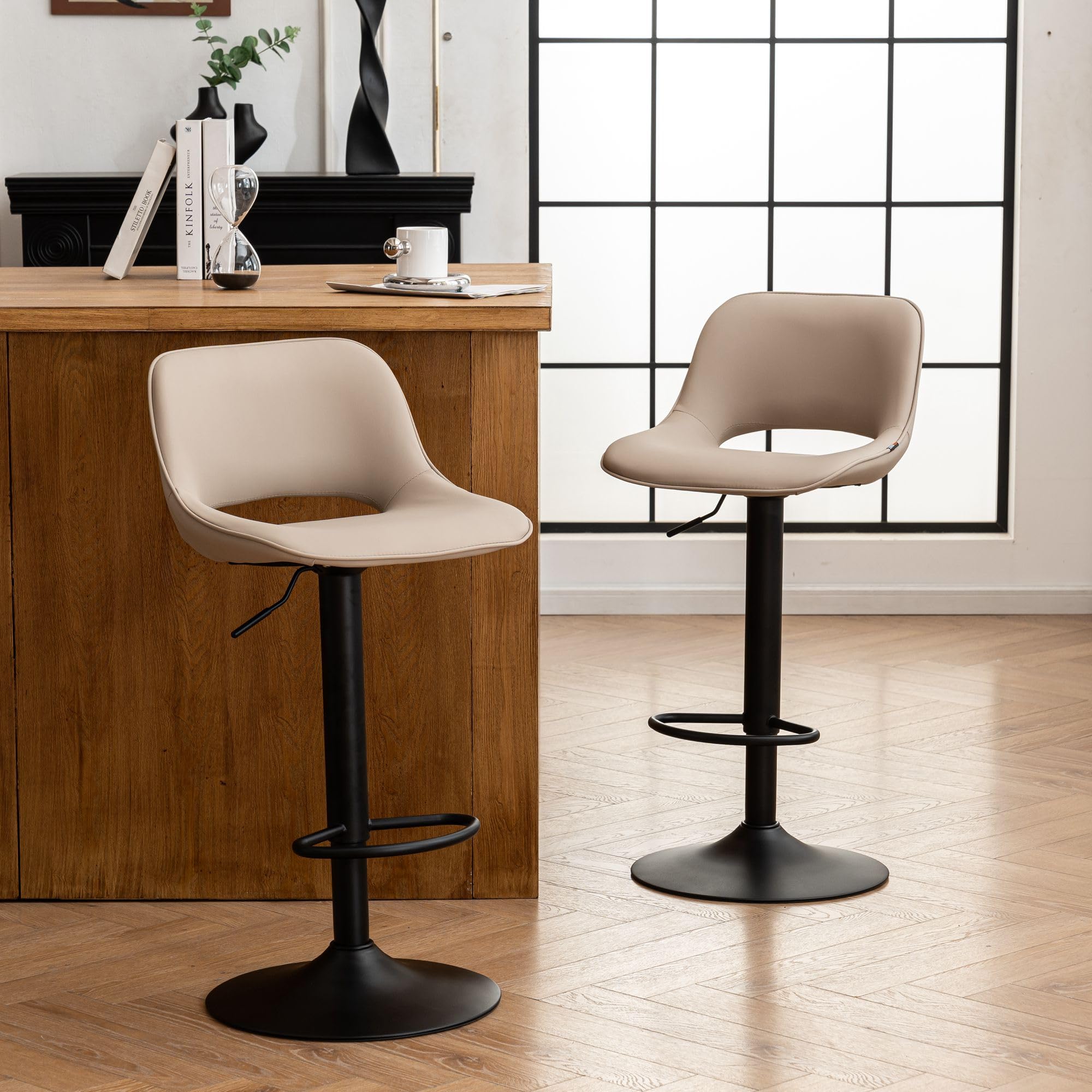 YOUNIKE Taburetes de Bar Juego de 2 Giratorios con Altura Ajustable, Taburetes de Cocina con Acolchado Suave, Taburetes de Mostrador con Respaldo Hueco, Taburete Alta de Bar, Caqui