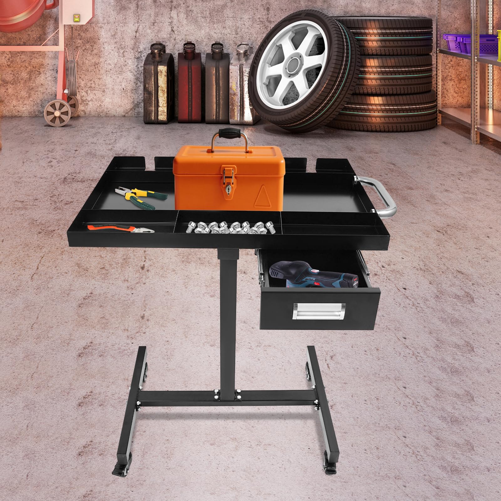 Tavolo da lavoro con ruote, con cassetto, carrello degli attrezzi con ruote, nero | Tavolo da lavoro mobile con ripiano per attrezzi e cassetto, per garage, officina e area di riparazione