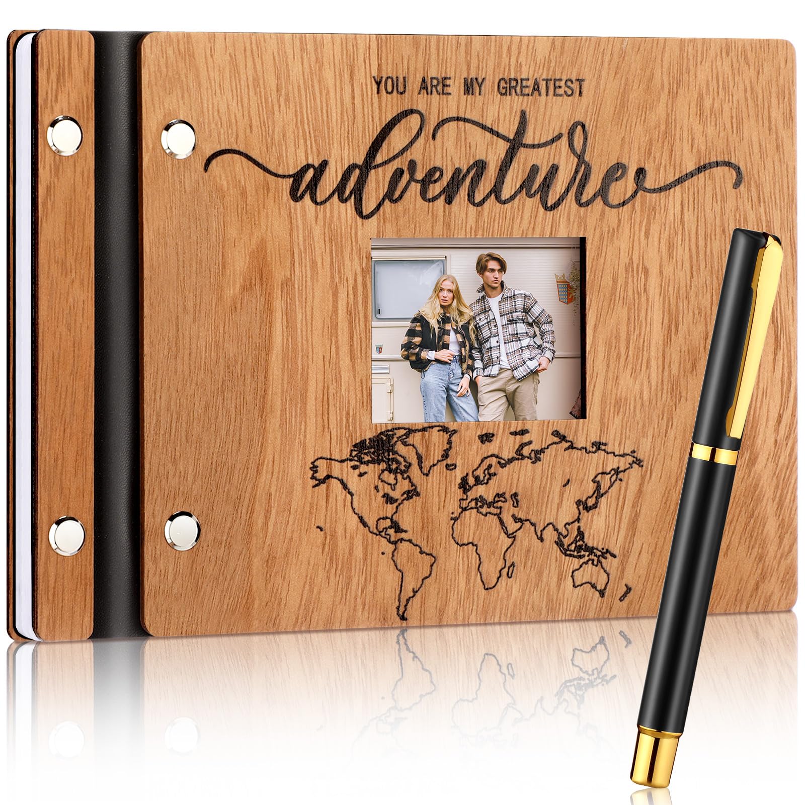 Skyygemm Drewniana księga gości weselnych 20 x 15 cm 120 stron 'Our Adventure Begins Memory Scrapbook Rustic Wedding Sign in Book' prezent dla pary nowożeńców księga gości ślub lista wyszukiwania