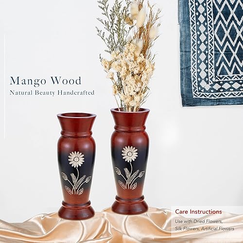 Miniatura 2 de AeraVida Juego de jarrones de madera de mango de 8 pulgadas con flores rojas vintage (2 piezas) Jarrones de madera rústicos hechos a mano para mesa