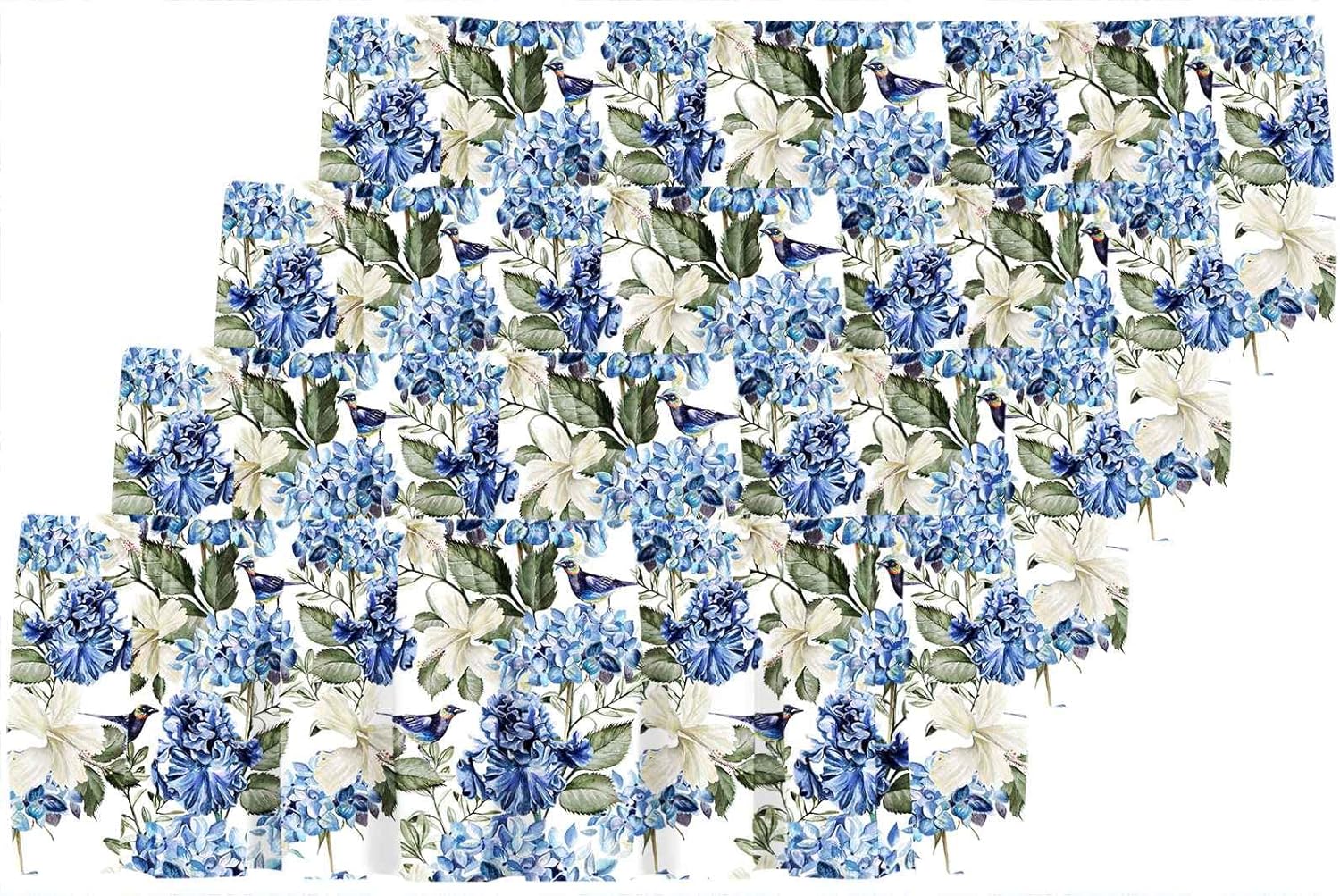 Blackout Watercolor Blue and White Hydrangea Flower and Bird Rod Pocket Short Window Curtain Valance for Kitchen Bedroom Decor, 52" x 18", Navy Blue and Green, 4 Panels