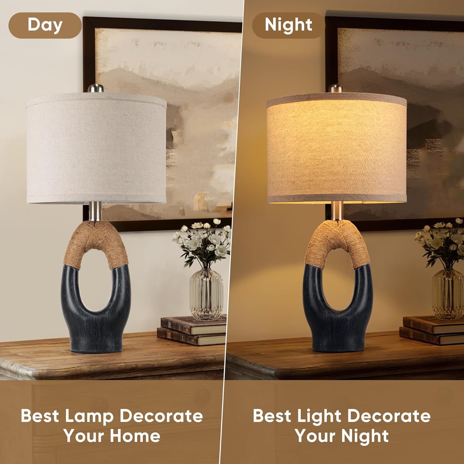 Hamucd Set of 2 Boho Rattan Table Lamps,21" Farmhouse Rope Lamps for Bedroom Night Stands,Blue Bedside Lamps with Linen Shades for Living Room Coastal Beach Decor(Bulbs Not Included)