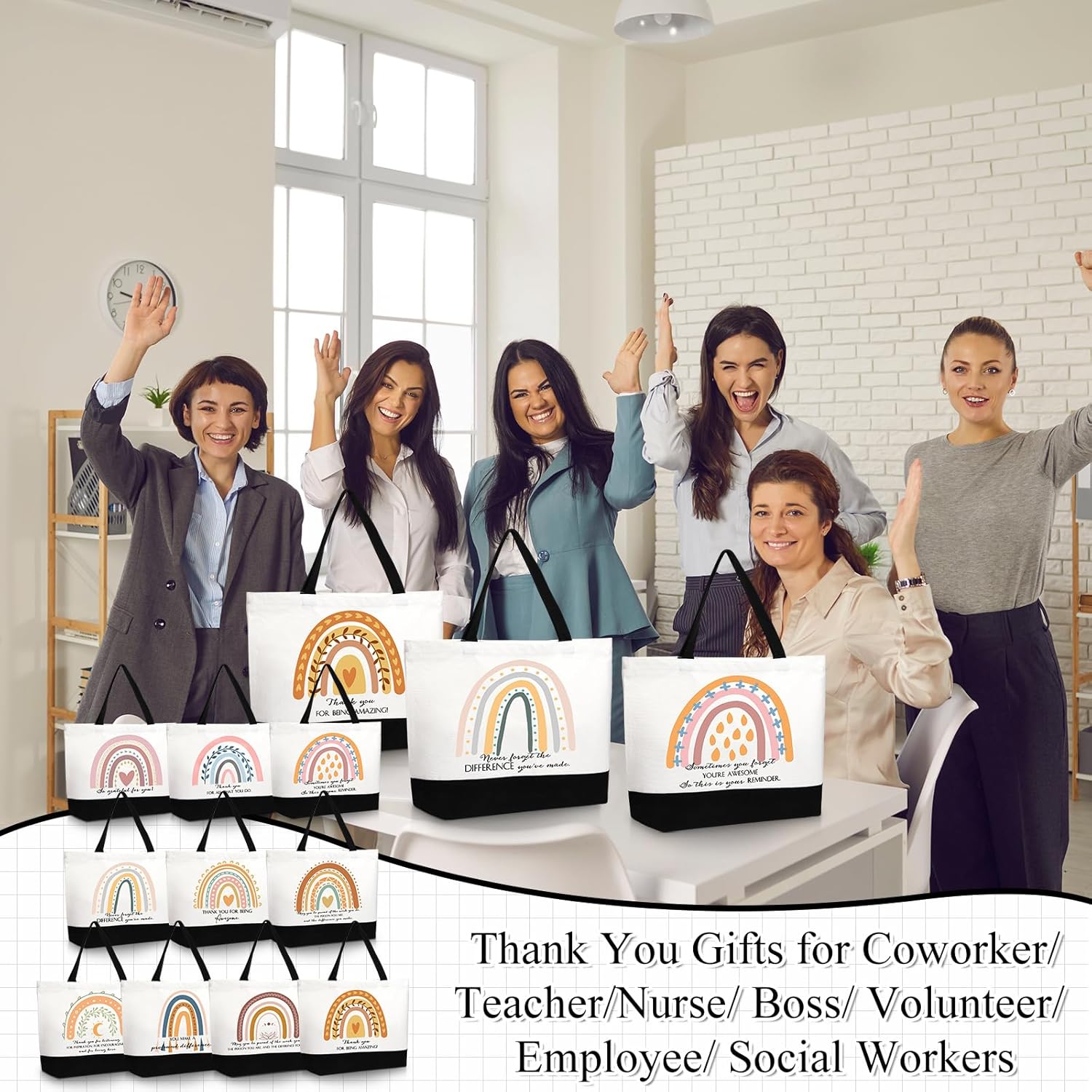 Buryeah 10 Pcs Teacher Appreciation Gift Bags Bulk Flower Rainbow Employee Thank You Canvas Tote Bag for Women Nurse Gift - Image 2