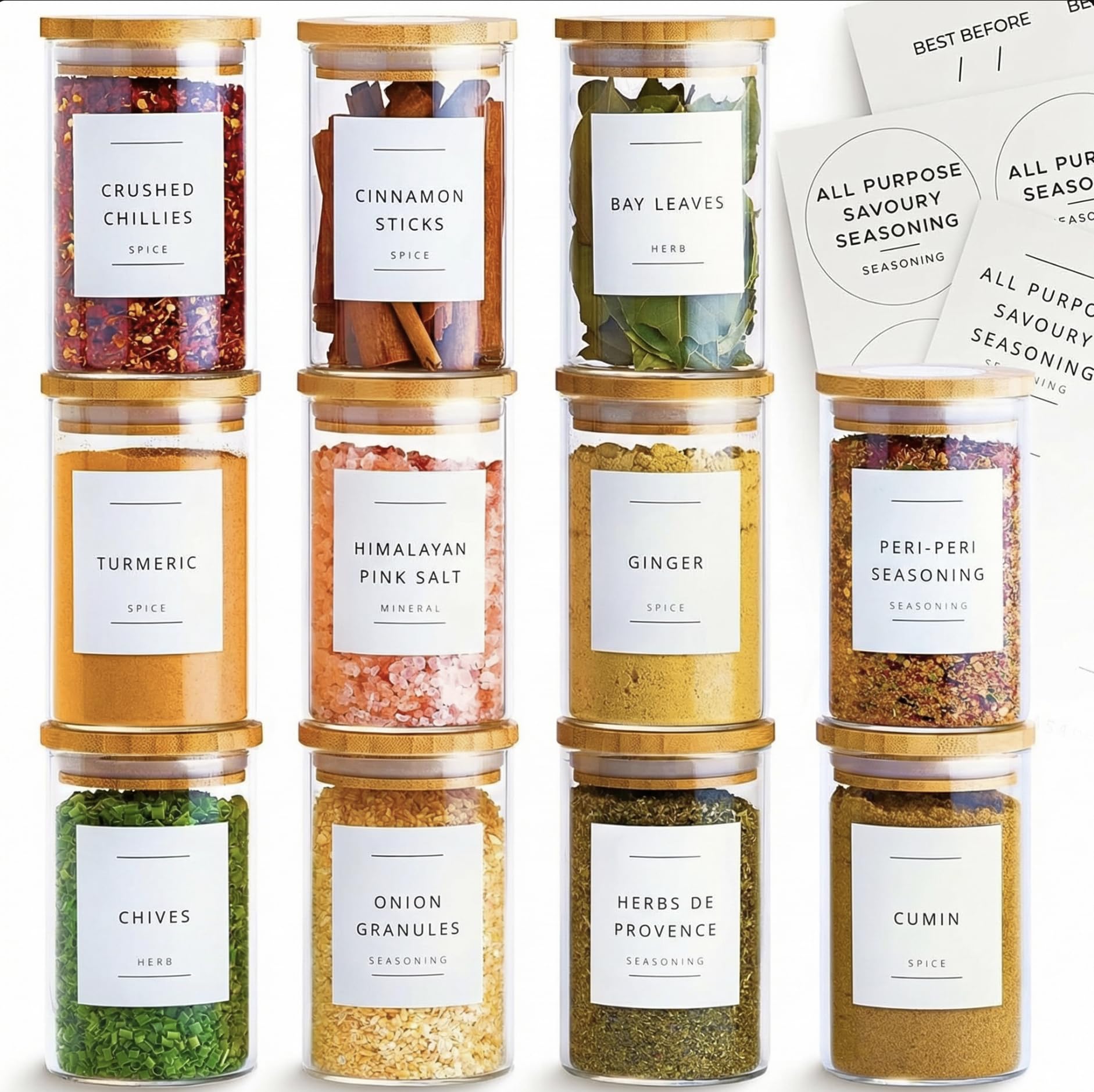 Fix Space 250Ml/12Pcs Bamboo Glass Spice Jars Set - Airtight Glass Jars With Bamboo Lids - Spice Jars With Lids And Labels Waterproof Labels For Herbs, Spices & Seasoning ()