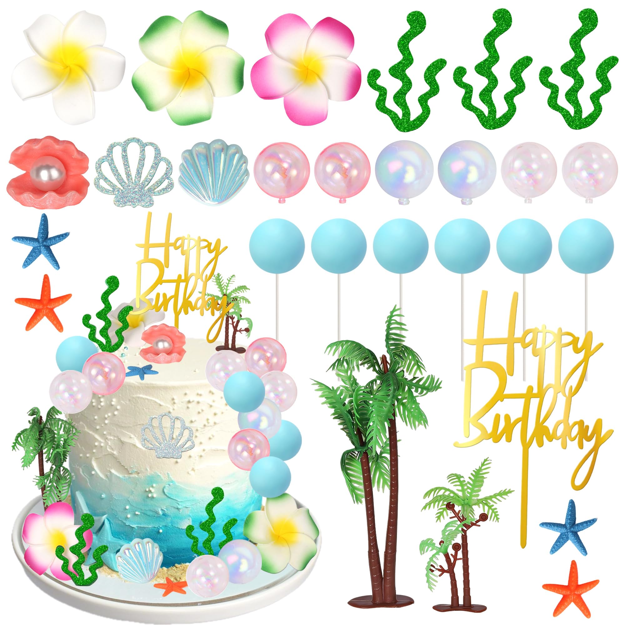 Xsstarmi Hawaiian Beach Cake Topper Decorations with Seashells Palm Trees Hibiscus Flower Cake Pick for Moana Tropical Luau Birthday Wedding Party DIY Cake Decorations Supplies