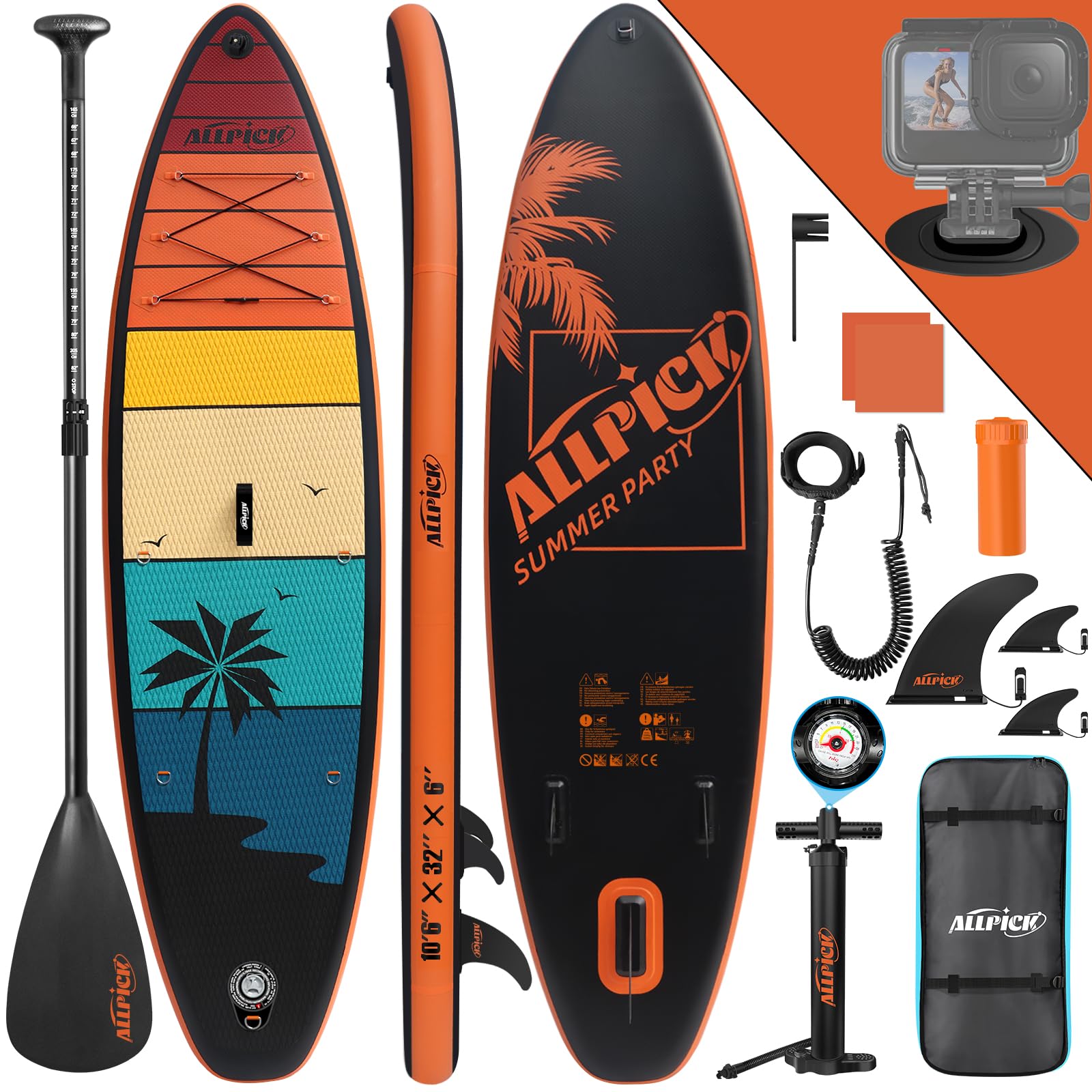 ALLPICK Sup Gonfiabile, Stand Up Paddle Board Gonfiabile, Con Supporto Universale per Fotocamera, Accessori Completi, Tavola da Sup Surf, Principianti e Avanzati, 150kg/180kg