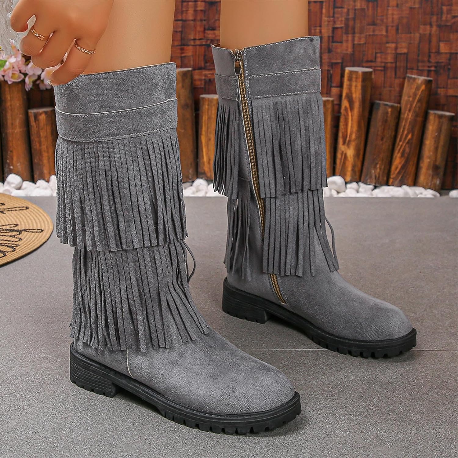 Knee High Boots for Women:Fashion Tassel Fall Winter Warm Wide Calf Booties Round Toe Flat Hiking Outdoor Workout Footwear Snow Shoes
