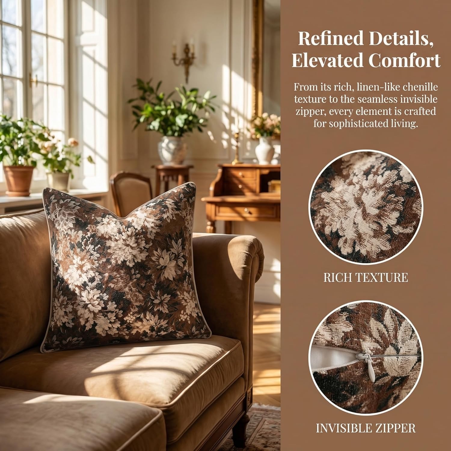 BOYSUM Vintage Floral Throw Pillow Covers 18x18 Inches Set of 2 Boho Farmhouse Pillow Cases Premium Chenille Textured Decorative Cushion Covers for Couch Retro Garden Farmhouse Style Brown