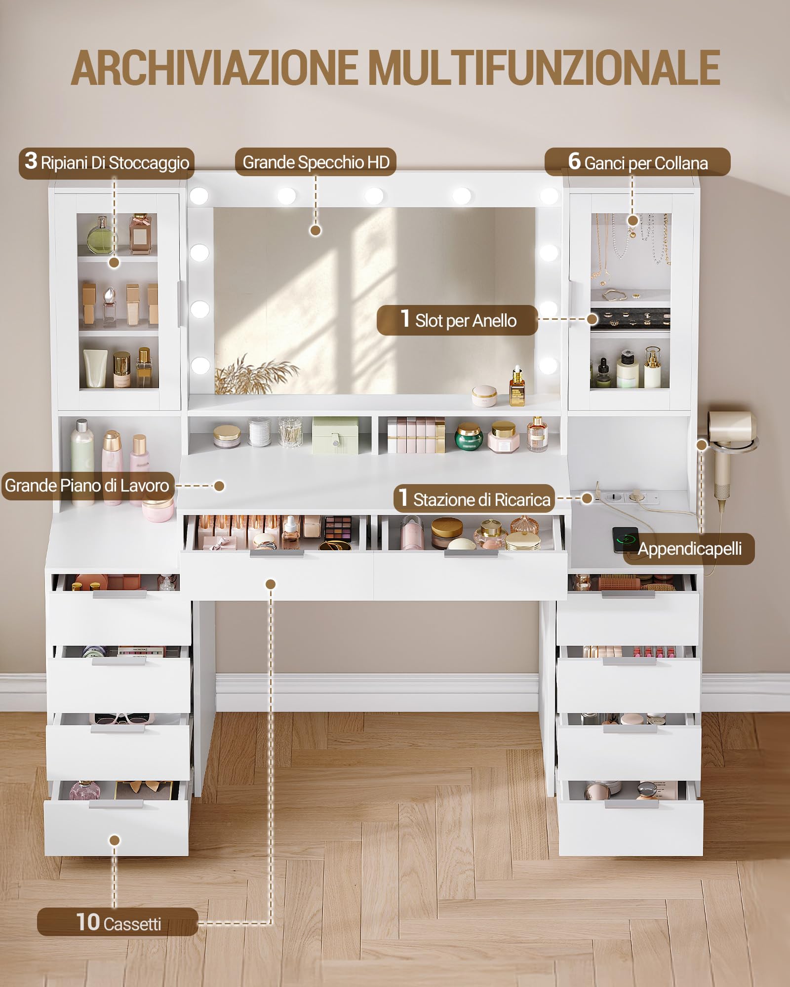 Hzuaneri 150 cm Postazione Trucco, 11 Luce LED, 3 Colori, Luminosità Regolabile, Presa di Corrente, 10 Cassettos, Deposito di gioielli, Ampia Capacità di Archiviazione, Bianco-Argento DT43703XEU