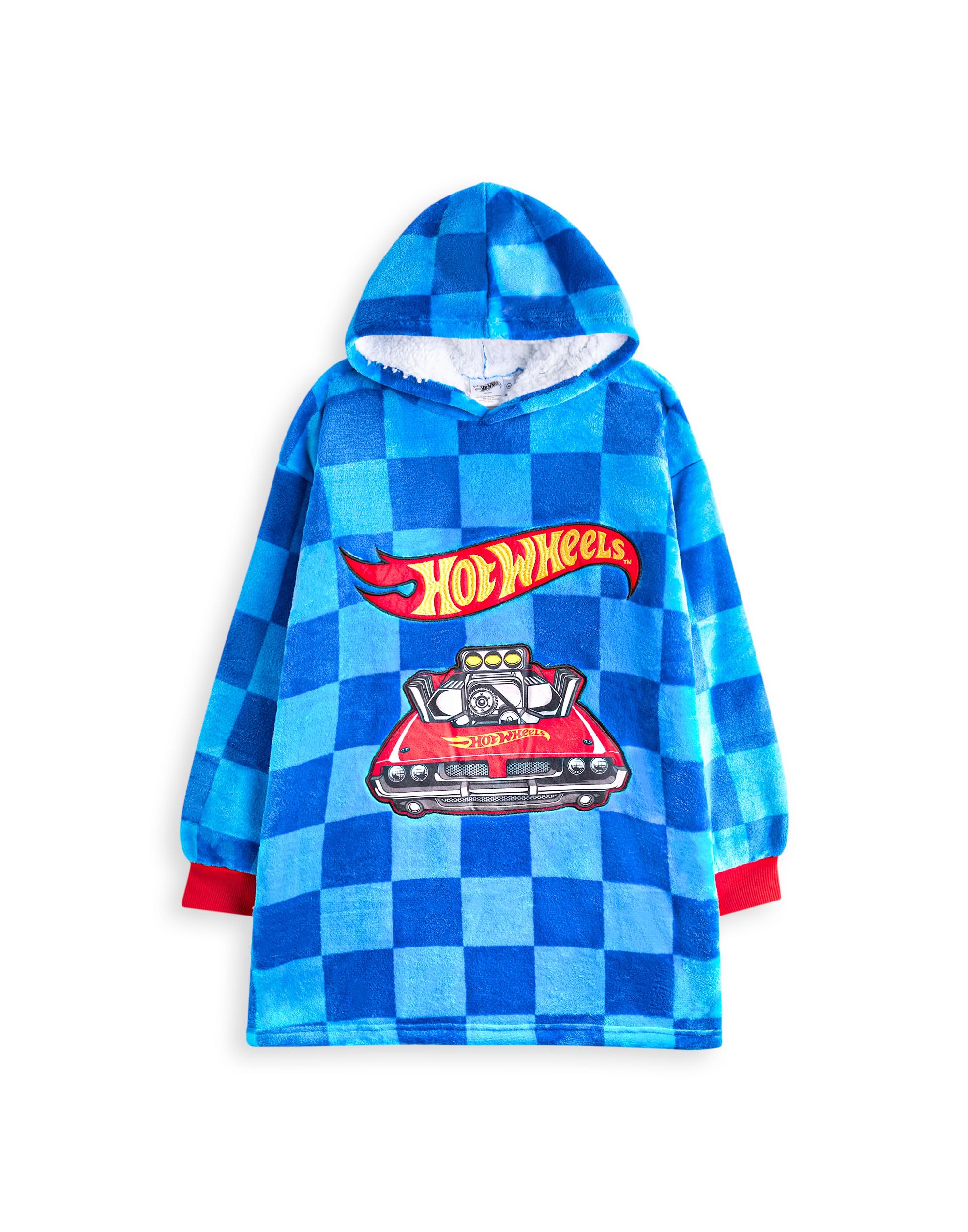 Hot Wheels Felpa Coperta per Ragazzi | Pullover in Pile Oversize per Bambini Blu con Tasca a Forma di Auto | Abbigliamento da Casa con Cappuccio per Bambini con Logo di Fiamma da Corsa