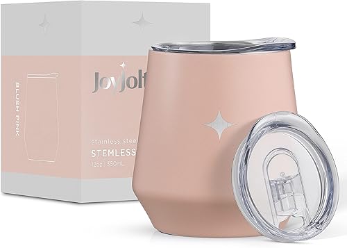 JoyJolt Vaso de vino de tres aislados con tapa vaso de 12 onzas deslizador y tapas de pajita Vaso de vino sin tallo de acero inoxidable de doble