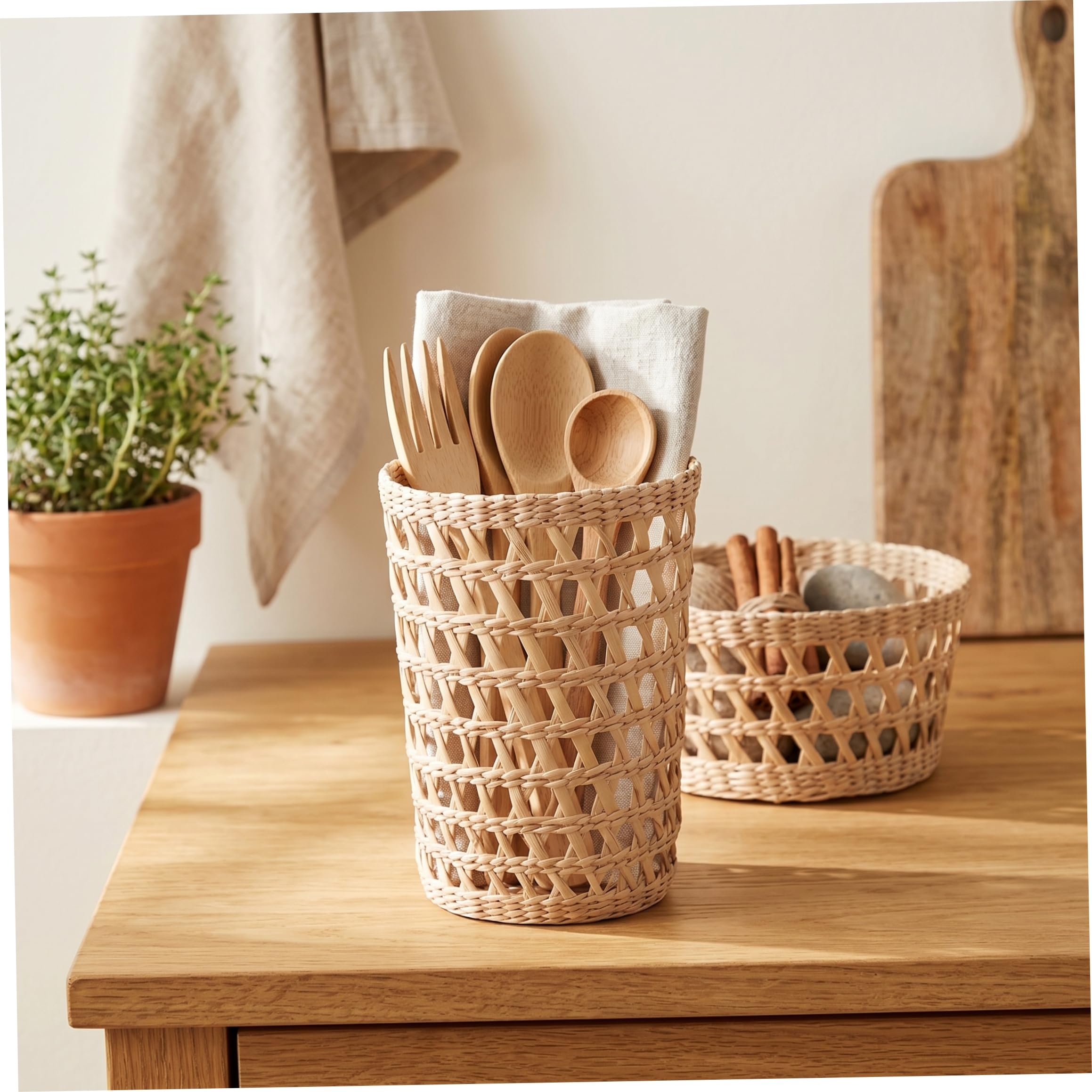 Vasos para lápices, 6 unidades, hechos a mano, con pajilla, mangas de aislamiento térmico para tazas, decoración pequeña y de escritorio, cesta de ratán pequeña, organizador de lápices de