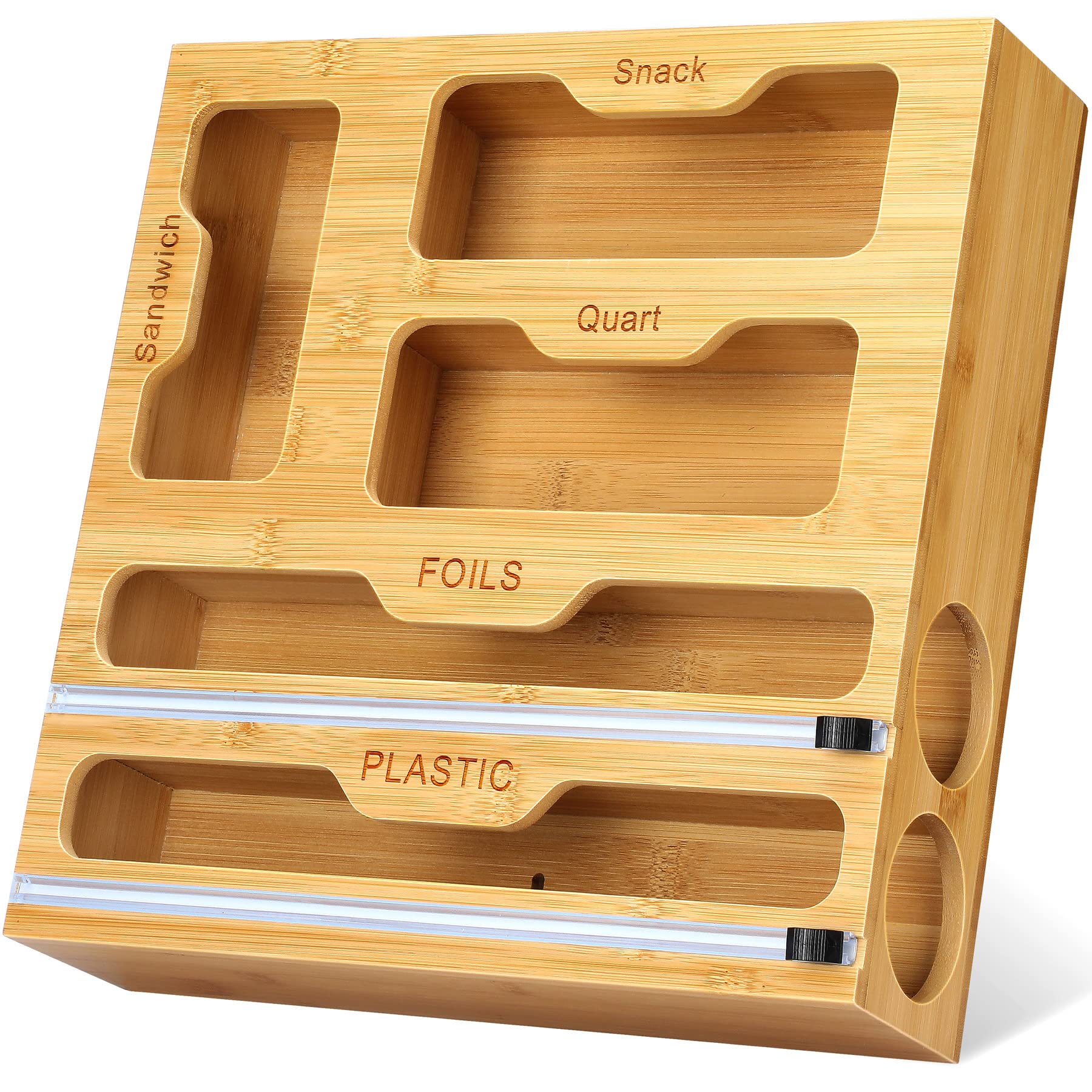 5 in 1 Kitchen Drawer Organizer for Foil and Plastic Wrap Organizer, 3 Zip Lock Bags Assorted Sizes Organizer and 2 Aluminum Foil Organization and Storage Plastic Bag Organizer for Foil