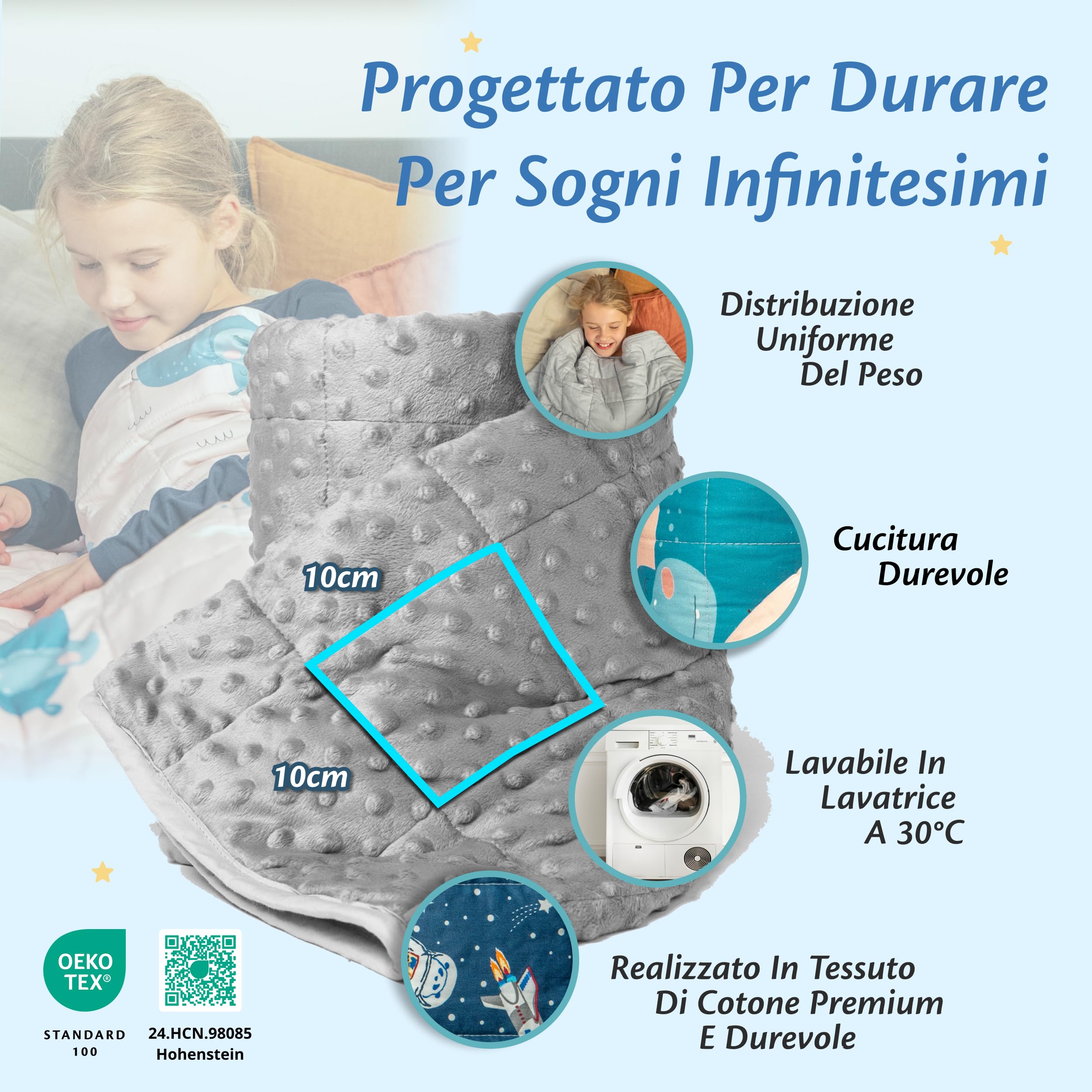 Ella Coperte Ponderate Bambini 4,5kg 100x170cm - Coperta Ponderata Rilassante per il Sonno - Perle di Vetro Ipoallergeniche, Strato Esterno in Cotone Morbido e Fresco - Per Bambini 40-60kg - Minky
