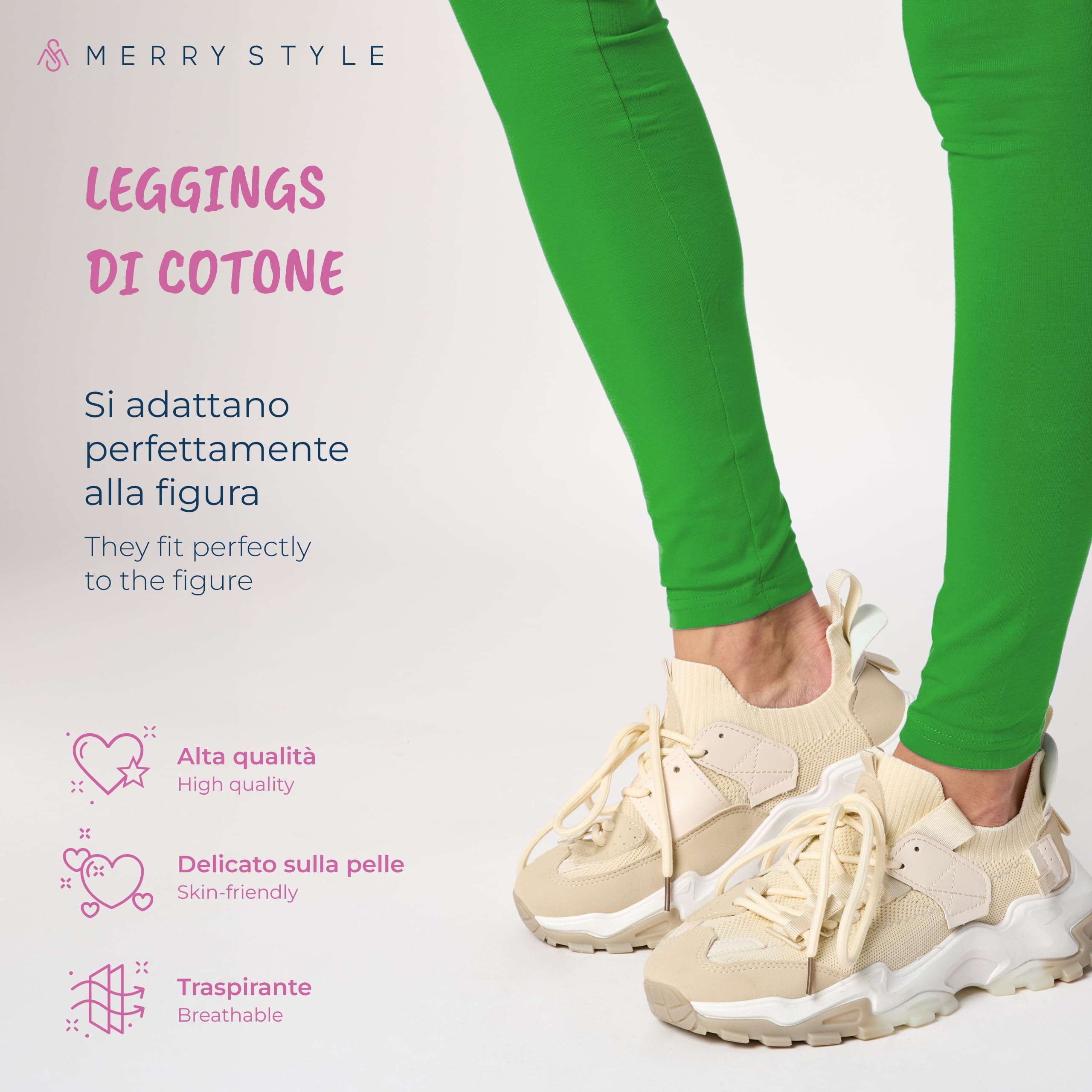 Merry Style Lunghi Leggings Fuseaux Sportivi da Donna Pratico Modello a Vita Alta in Cotone Naturale MS10-198