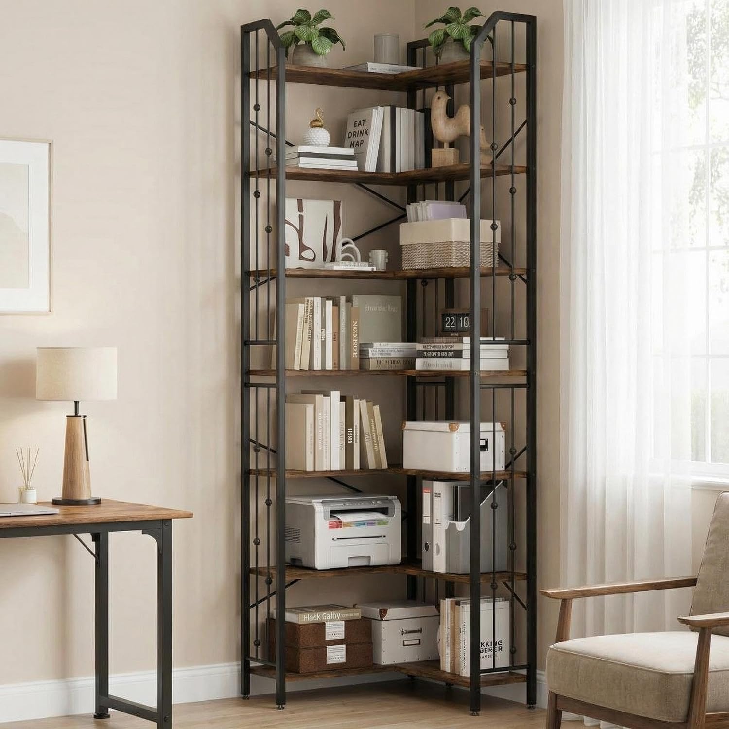 Takywep 7-Tier Corner Bookshelf, 86" H L-Shaped Freestanding Display Shelf for Living Room, Wood and Metal Etagere Bookcase, Industrial Storage Shelves for Bedroom, Office Storage, Brown