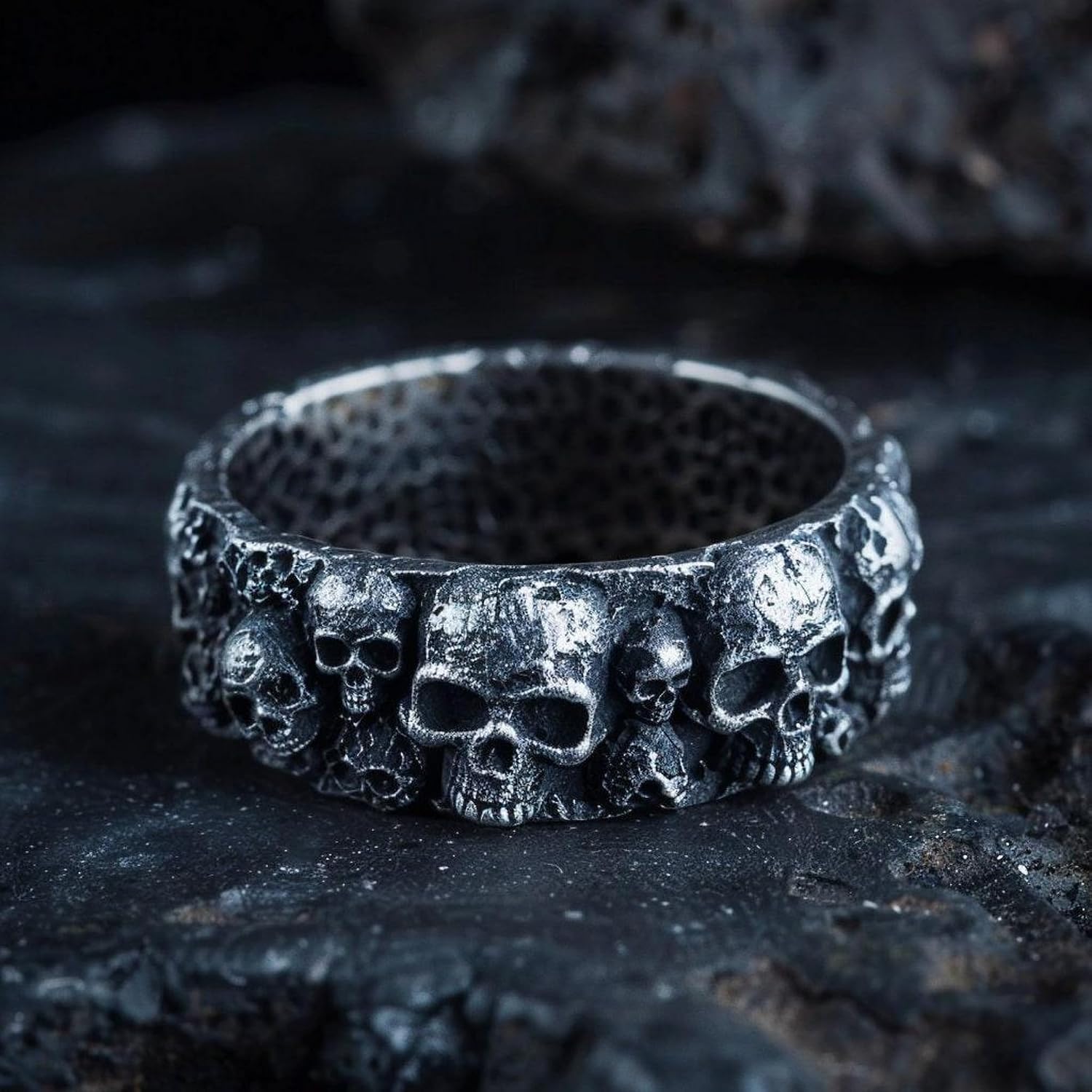 Gothic Skull Wedding Band 925 Sterling Silver Ring for Men | Handcrafted to order in 60+ sizes, solid 925 sterling silver, oxidized finish, memento mori standout piece for collectors