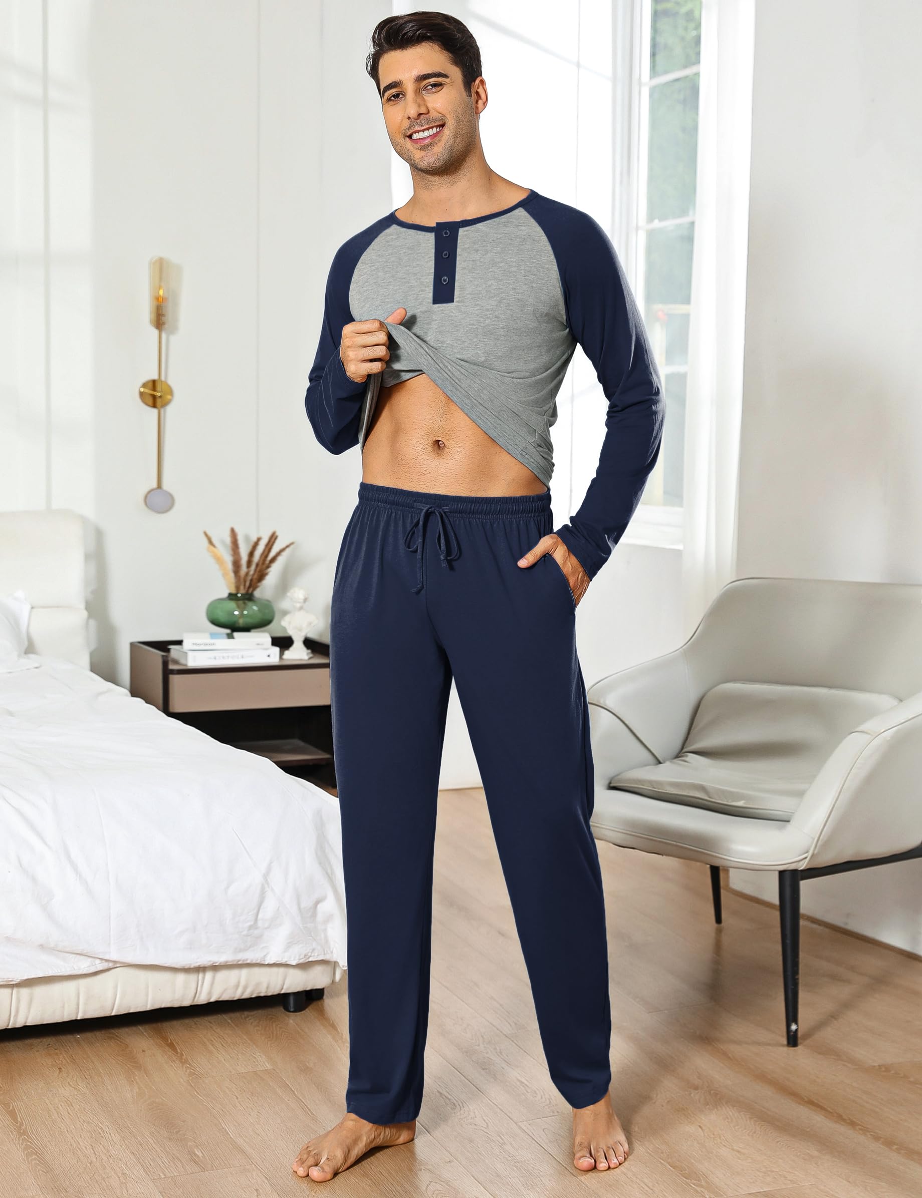 Migcaput Pigiama Cotone da Uomo Set Lungo Comodo Pigiami Due Pezzi da Uomo Pigiama Manica Lunga Pigiama con Tasche con Bottoni