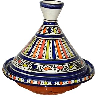 Moroccan Handmade Serving Tagine Ceramic With Vivid colors Original 8 inches Across White & Blue