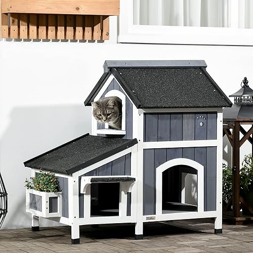 Miniatura 2 de PawHut Casa para gatos al aire libre con maceta casa para gatos de 2 pisos con techo resistente a la intemperie refugio de madera para gatos con