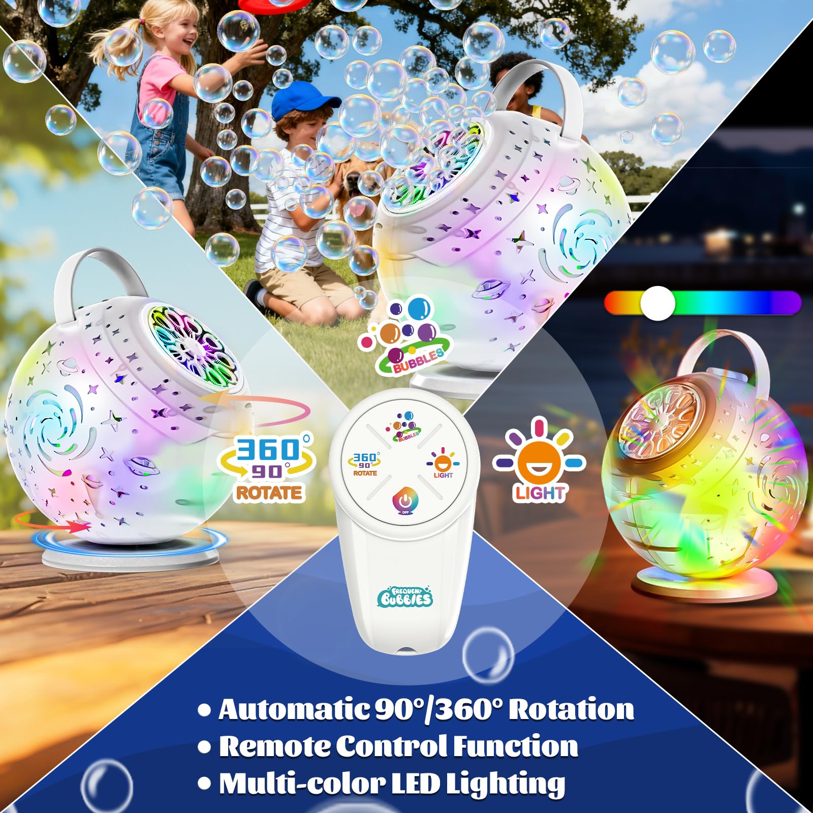 Sitodier Macchina per bolle con telecomando, rotazione automatica con luce e bolle musicali, batteria ricaricabile, per bambini, matrimoni, feste di compleanno e attività all'aperto