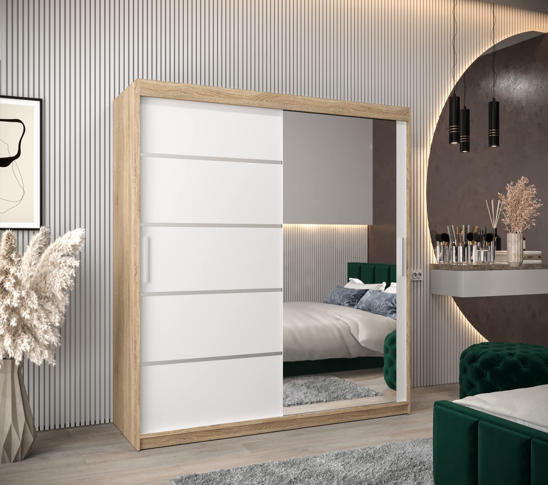 ABIKSMEBLE Verona 2 180 Armario 2 Puertas Correderas para Dormitorio - Armario Moderno con Espejo, Barra y Estantes - 180x200x62 cm (Ancho x Alto x Fondo) - Sonoma + Blanco Mate