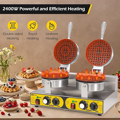 Miniatura 7 de Dyna-Living Plancha eléctrica comercial de 22 pulgadas y waflera comercial de doble cabezal de 110 V 2400 W para uso doméstico, waflera profesional