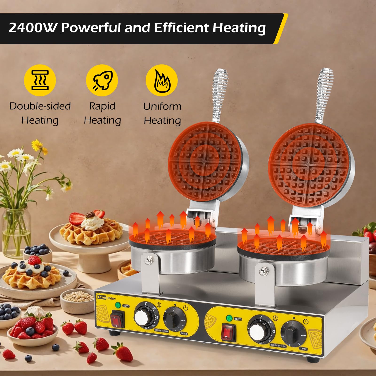 Máquina de gofres comercial de doble cabeza, 2400 W, antiadherente, máquina de gofres comercial de acero inoxidable para restaurantes, máquina de gofres grande comercial 2