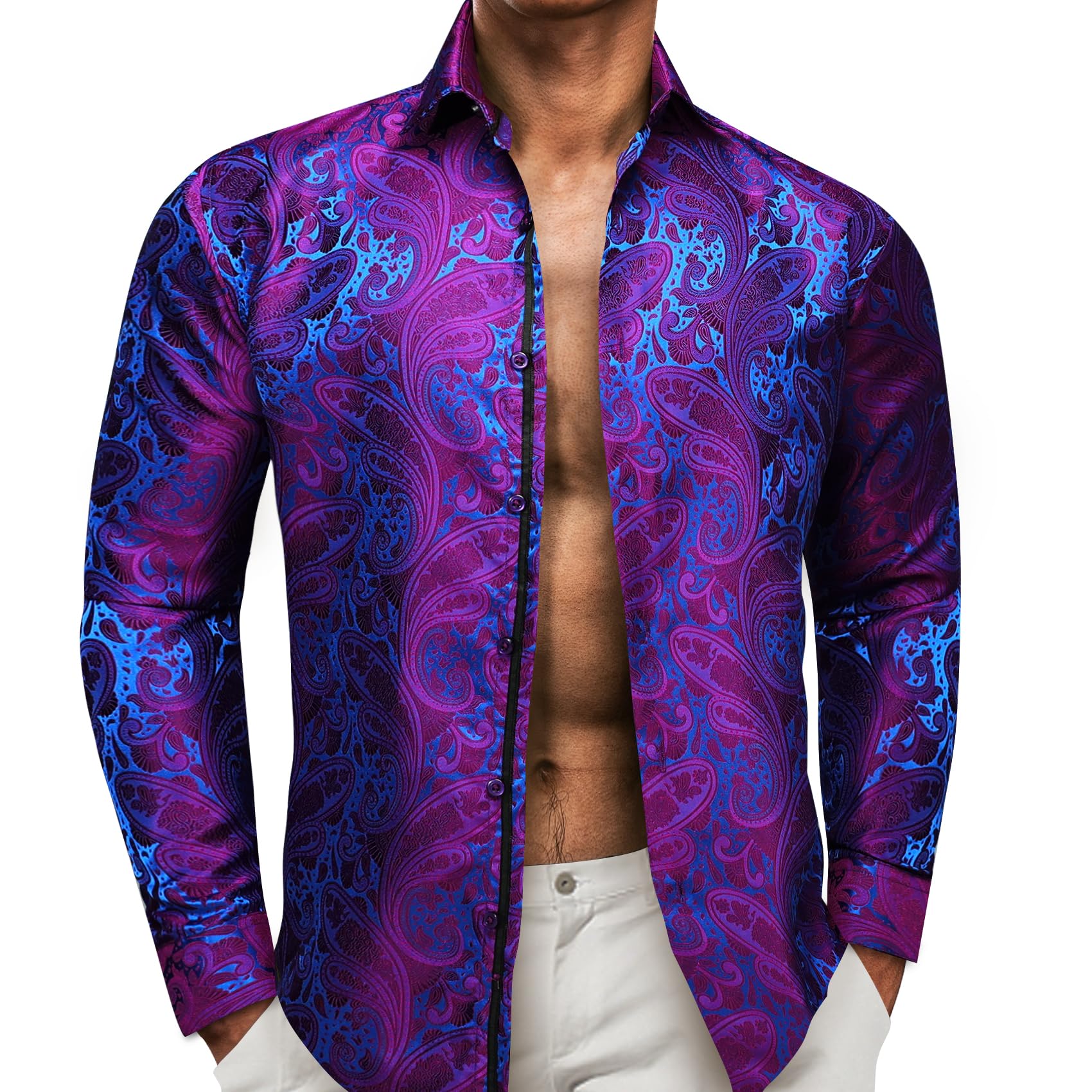 Barry.Wang - Camisa de vestir de manga larga de cachemira con diseño de flores para hombre