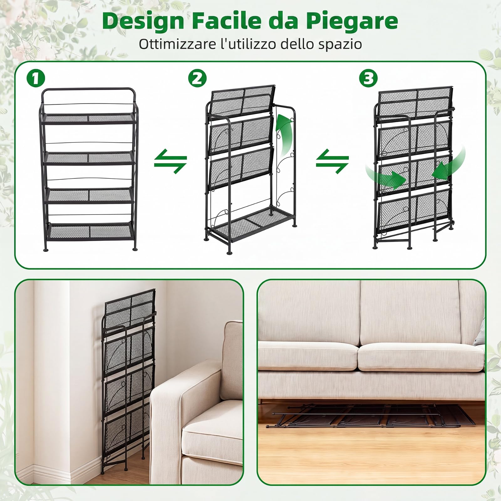 COSTWAY Scaffale Portafiori in Metallo, Scaffale per Piante Verticale con 4 Ripiani Pieghevoli, Espositore Multiuso da Interno ed Esterno, per Giardino, Terrazza e Balcone, 60 x 25 x 100 cm