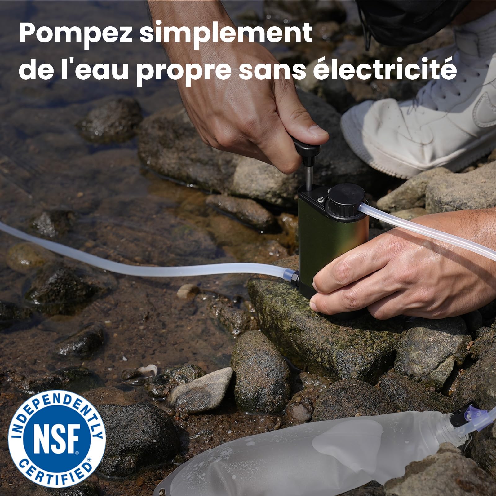 Filtre à eau Survie en plein air - Filtre à eau potable en métal avec une capacité de filtration de 6000 L Purificateur d'eau portable pour le camping la randonnée l'urgence etc. (Vert armée)