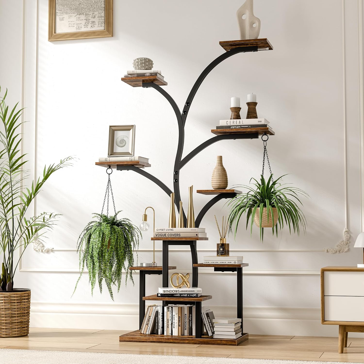 VECELO Plant Stand with LED Light, 10-Tier Indoor Plant Shelf with Supplemental Lighting, Metal Frame & Wood Shelves with Hanging Hooks, Space-Saving Plant Rack for Living Room or Corner Display