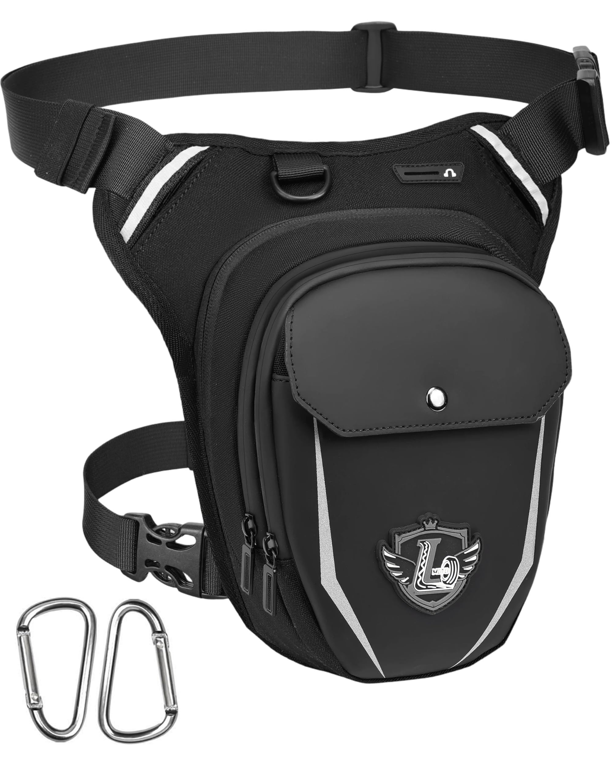 Leathario Sacoche de Jambe Moto, Sac Banane Pochette Ceinture Homme et Femme avec Capacité Extensible, Bande Réfléchissante et Sangle de Jambe Réglable, 2 mousquetons offerts pour Randonnée Pêche
