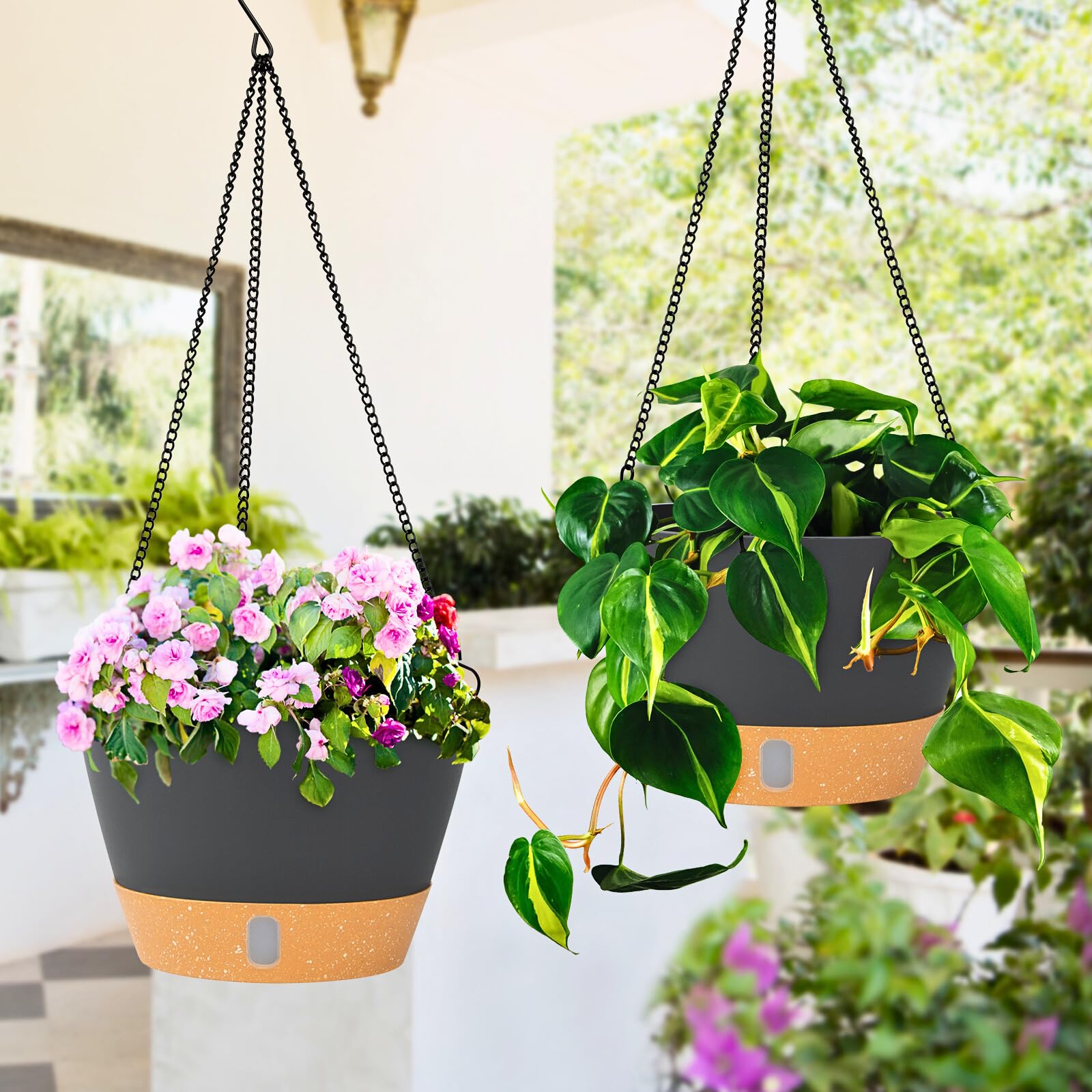 2 Fioriere Da Appendere In Plastica Smaltata 25,4 Cm - Con Fori Di Drenaggio E Tappi, Per Interno/esterno, Nere