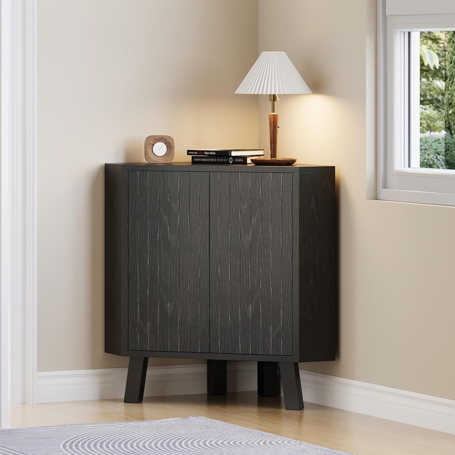 TrailBlaze Industrial 3-Tier Wooden Corner Storage Cabinet – Space-Saving Freestanding Triangle Unit with Adjustable Shelves, Doors – Organizer for Living Room, Kitchen, Bedroom, Bathroom
