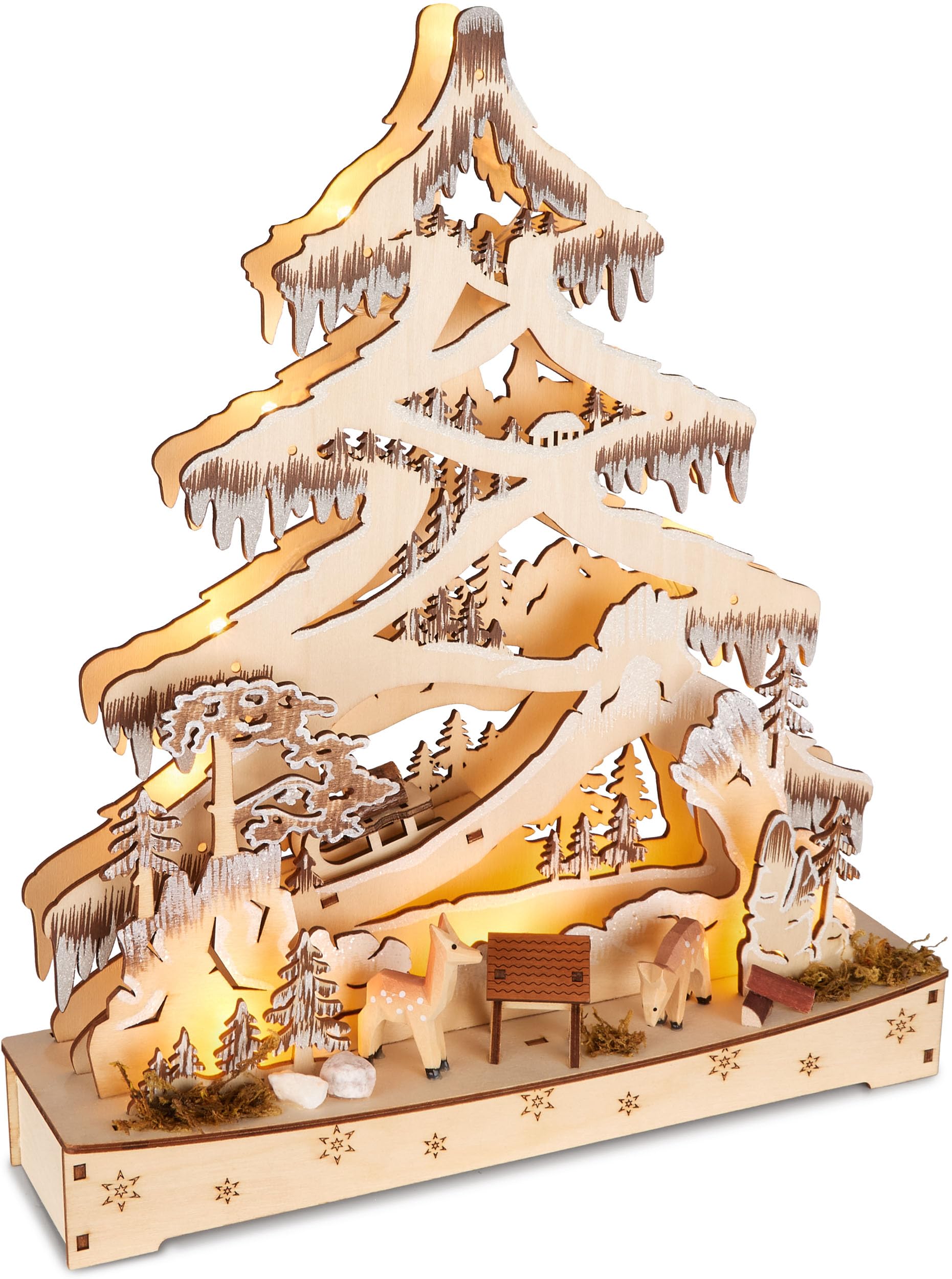 BRUBAKER 3D Lichterbogen - LED Schwibbogen - Tannenbaum Wald - Weihnachtsbeleuchtung aus Holz Natur - 34 x 28 x 9 cm - Handbemalte Figuren - Weihnachtsdeko für Tisch & Fenster