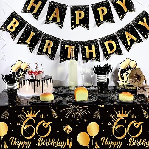 Miniatura 2 de Paquete de 3 manteles de plástico desechables de cumpleaños n. 60, manteles rectangulares negros y dorados para decoraciones de cumpleaños de 60