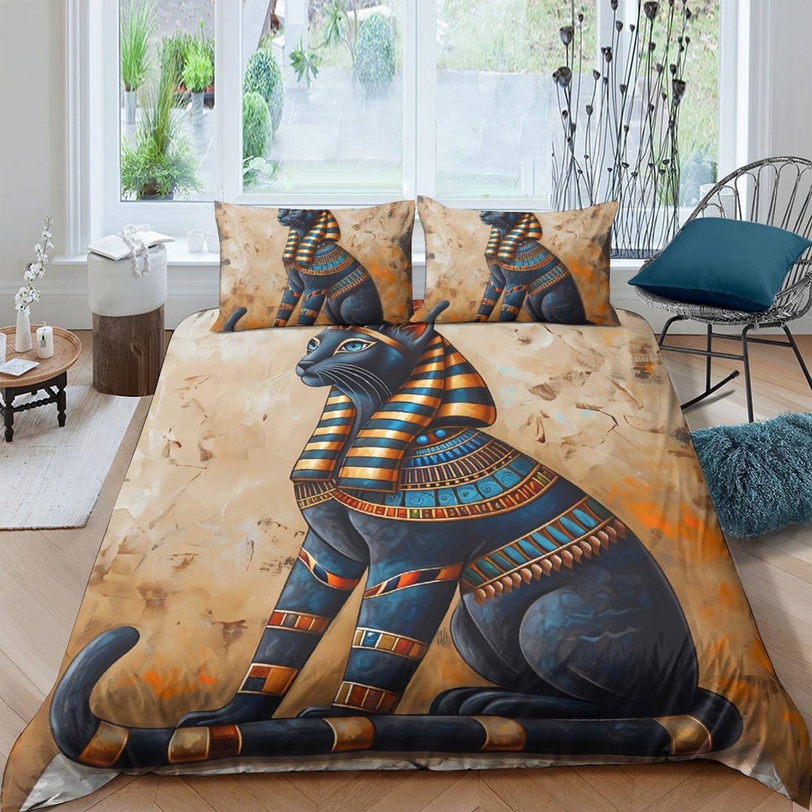 GPLZQXKJNH 3D Printed Egyptian Black Cat Duvet Cover Microfiber Soft Breathable Pharaoh Bedding Set with 2 Pillowcases for Bedroom Décor Single（135x200cm）