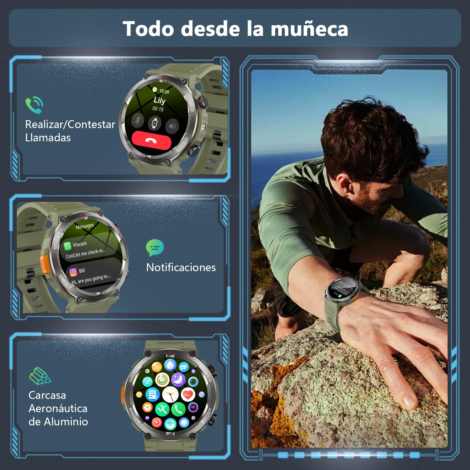 Reloj Inteligente Hombre, Smartwatch Hombre con Linterna y Brújula, 1.45" Smartwatch con Llamadas Bluetooth Monitor Sueño, 2 Correas,Pulsera Actividad Impermeable IP68