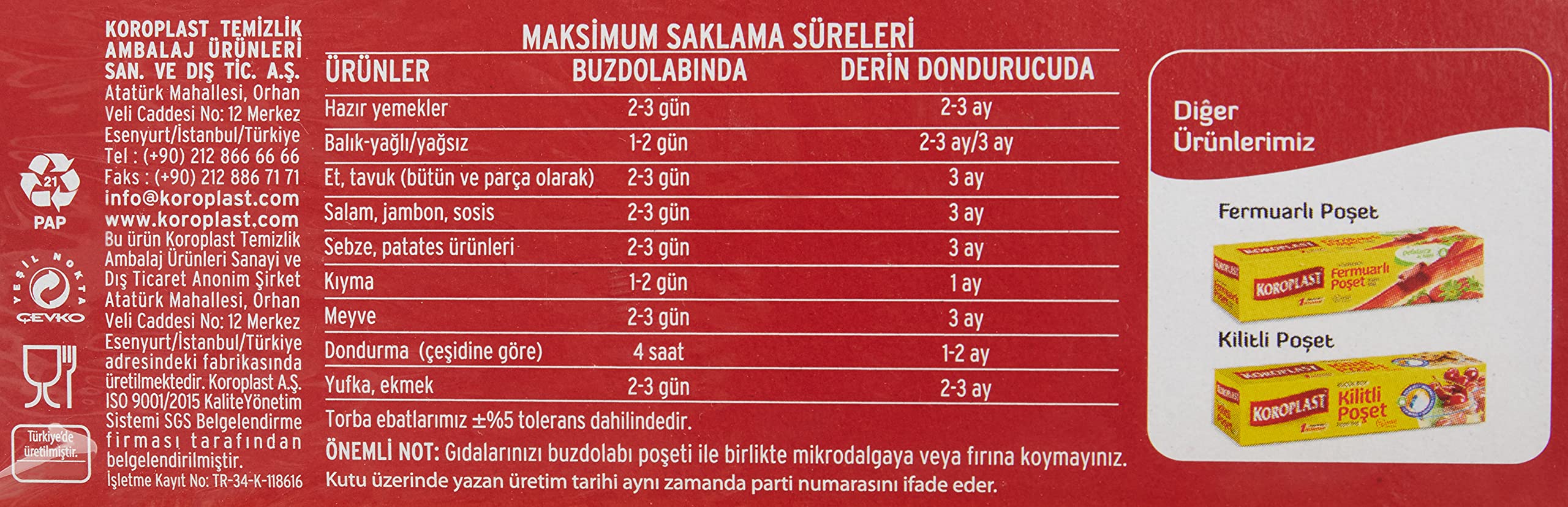 Koroplast 3'lü Çok Al Az Öde Ekonomik Paket Büyük Boy 60'lı Buzdolabı Poşeti, Sızdırmaz & BPA İçermez Gıda Saklama Torbası, Et, Tavuk, Balık, Sebze, Meyve, Çorba, Sos, Peynir, Kuruyemiş, Sandviç